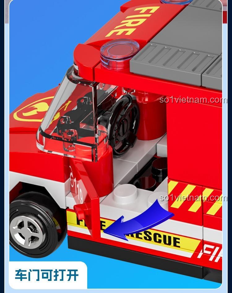 Cửa xe cứu hỏa của bộ lắp ghép XJ-Block XJ-7985 có thể mở, thiết kế chi tiết và thực tế.