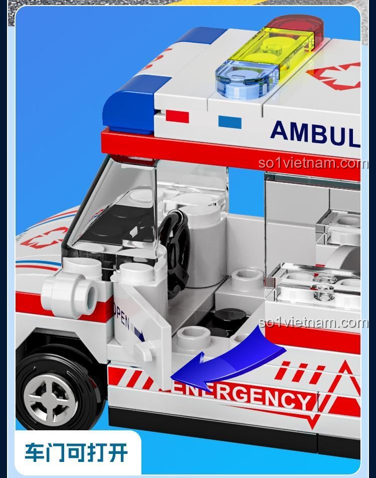 Chi tiết cửa xe cứu thương có thể mở ra, cho phép đặt minifigure vào trong khoang lái.