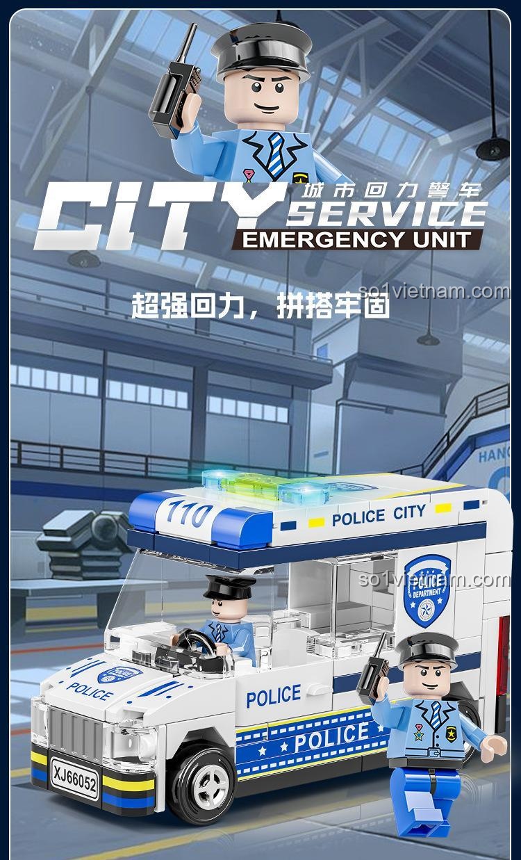 Mô hình Xe cảnh sát thành phố XJ-Block và minifigure cảnh sát. Sản phẩm có động cơ kéo lùi mạnh mẽ, lắp ráp chắc chắn.