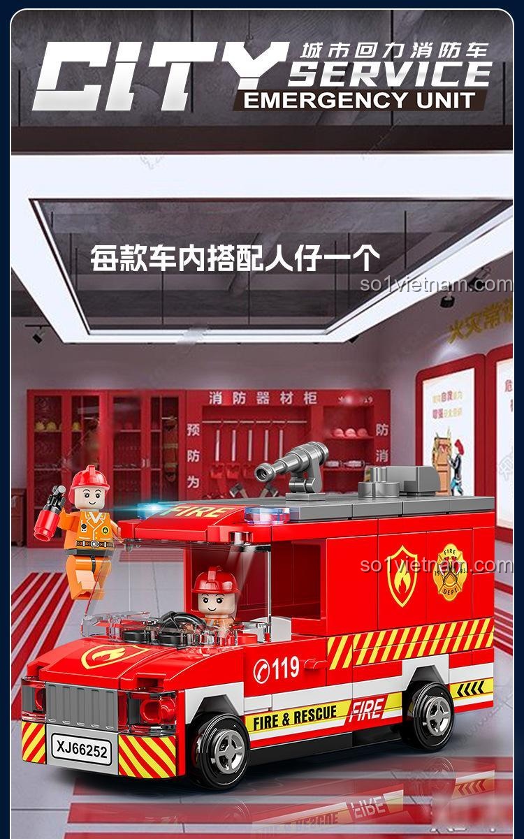 Mô hình Xe cứu hỏa 7985 màu đỏ nổi bật cùng minifigure lính cứu hỏa. Mỗi xe đều đi kèm một nhân vật.
