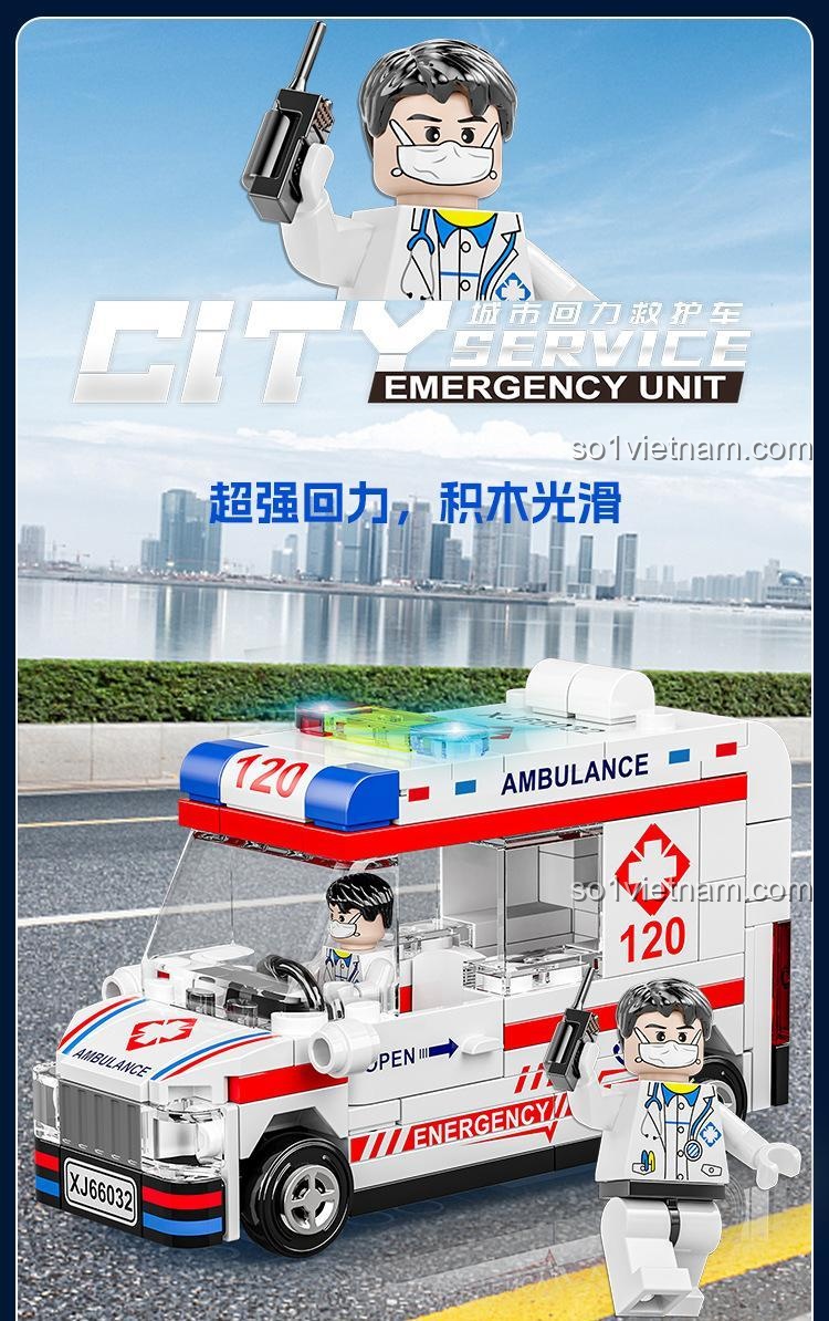 Mô hình Xe cứu thương XJ7985 và minifigure bác sĩ. Đồ chơi có sức kéo lùi mạnh và các chi tiết trơn láng.