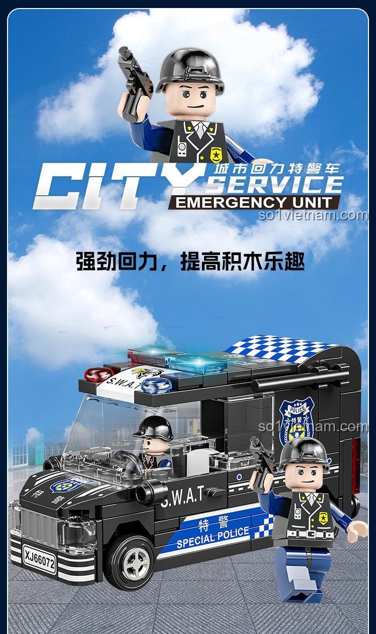 Mô hình Xe đặc nhiệm S.W.A.T. XJ-7985 và minifigure đặc nhiệm. Đồ chơi có động cơ kéo lùi mạnh mẽ, tăng thêm sự thú vị.