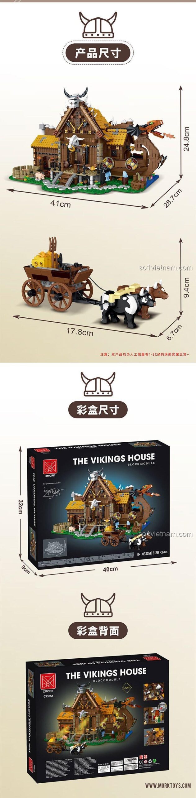 Kích thước mô hình Ngôi Nhà Viking XMORK 033051, bộ lắp ghép 3129 chi tiết, giá hời cho bé trai 6 tuổi