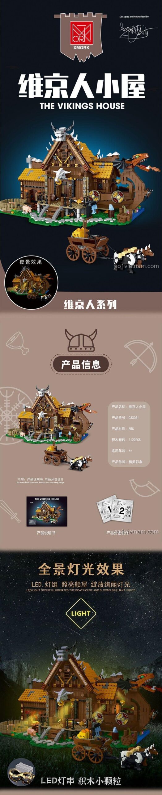 Thông tin chi tiết XMORK 033051 Ngôi Nhà Viking, đồ chơi xây dựng có đèn LED, phát triển tư duy cho bé trai 6 tuổi