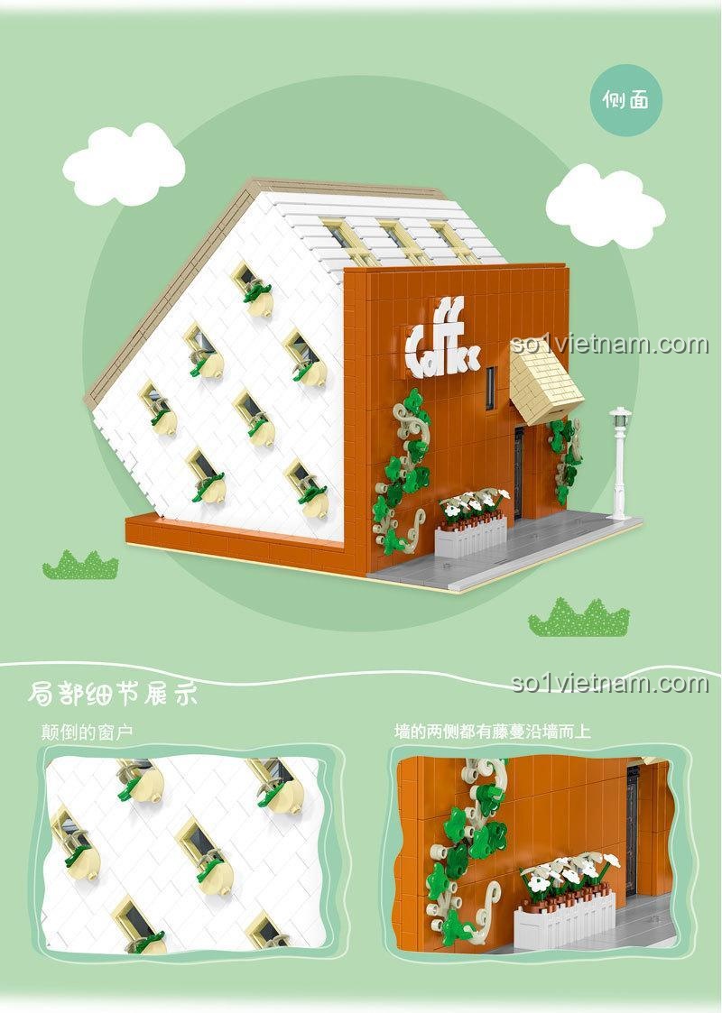 Chi tiết mặt trước của bộ khối lắp ghép Mô hình Quán Cà Phê Độc Đáo 10209, với biển hiệu 'Coffee' và dây leo trang trí.