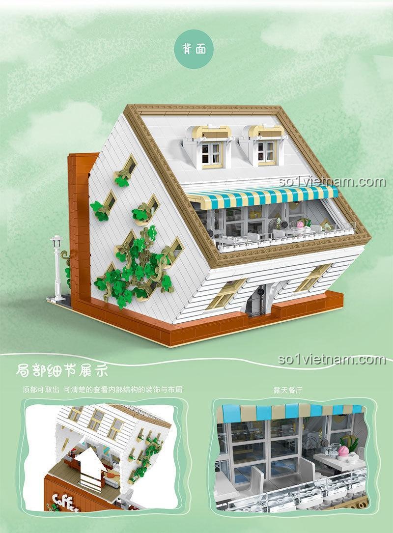 Góc nhìn từ mặt bên của Ngôi nhà cà phê nghiêng XMORK, cho thấy các cửa sổ được thiết kế lộn ngược độc đáo.