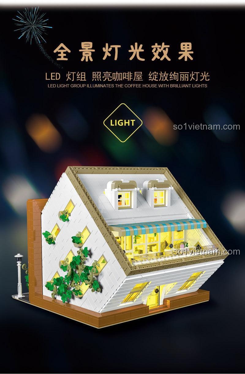 Mô hình Tòa nhà kiến trúc lộn ngược XMORK 10209 được chiếu sáng bởi bộ đèn LED đi kèm, tạo hiệu ứng lung linh.