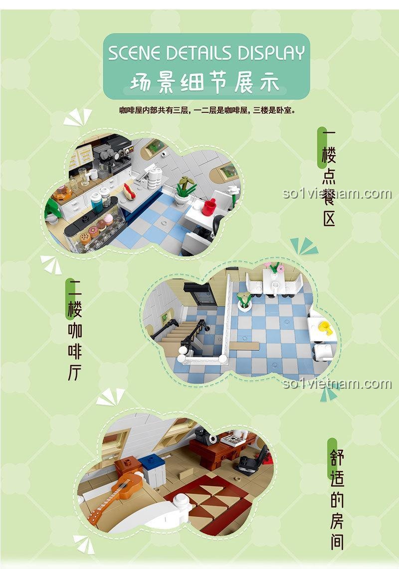 Thiết kế dạng module của bộ lắp ghép Quán Cà Phê Lộn Ngược, có thể tách rời các tầng để khám phá bên trong.