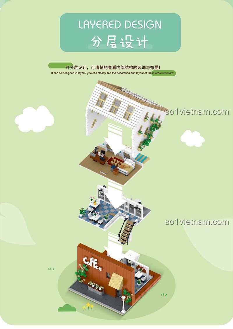 Mặt sau của Tòa nhà Upside Down Cafe XMORK 10209 với ban công và mái hiên, có thể tháo rời phần mái.