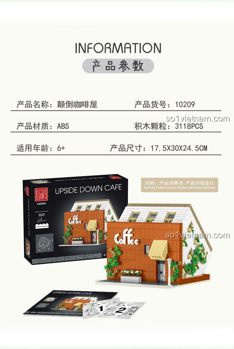 Hình ảnh so sánh giữa bộ lắp ghép Quán Cà Phê Lộn Ngược và công trình kiến trúc thực tế tại Nhật Bản là nguồn cảm hứng.