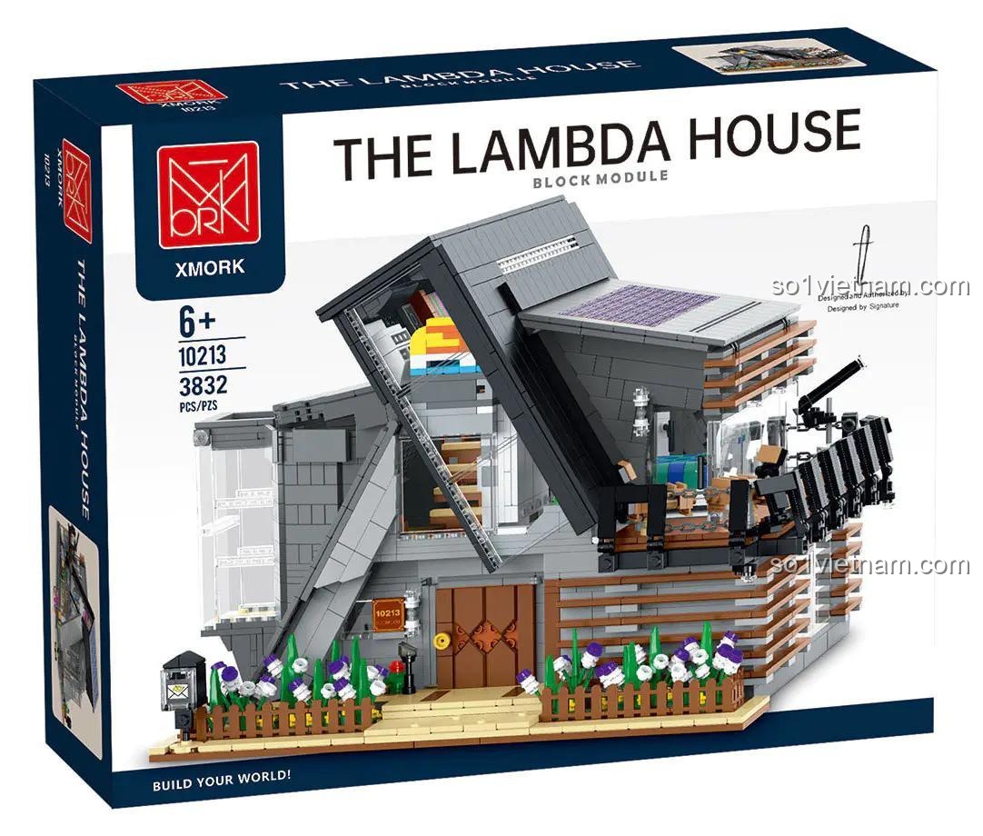 Hộp sản phẩm Ngôi nhà Lambda XMORK 10213, với hình ảnh mô hình lắp ráp và thông tin chi tiết, là bộ đồ chơi xây dựng cho bé 6+.