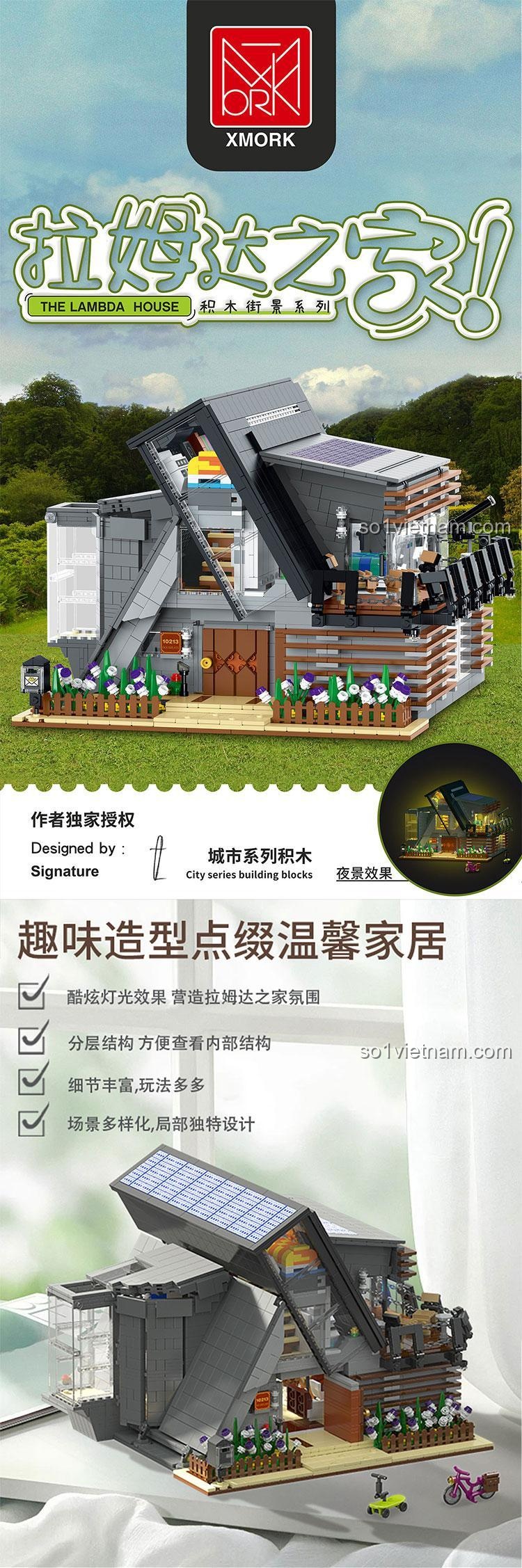 Chi tiết ngoại thất Ngôi nhà Lambda XMORK 10213, bao gồm hàng rào, hoa, cửa chính, thể hiện sự tinh xảo của bộ lắp ghép.