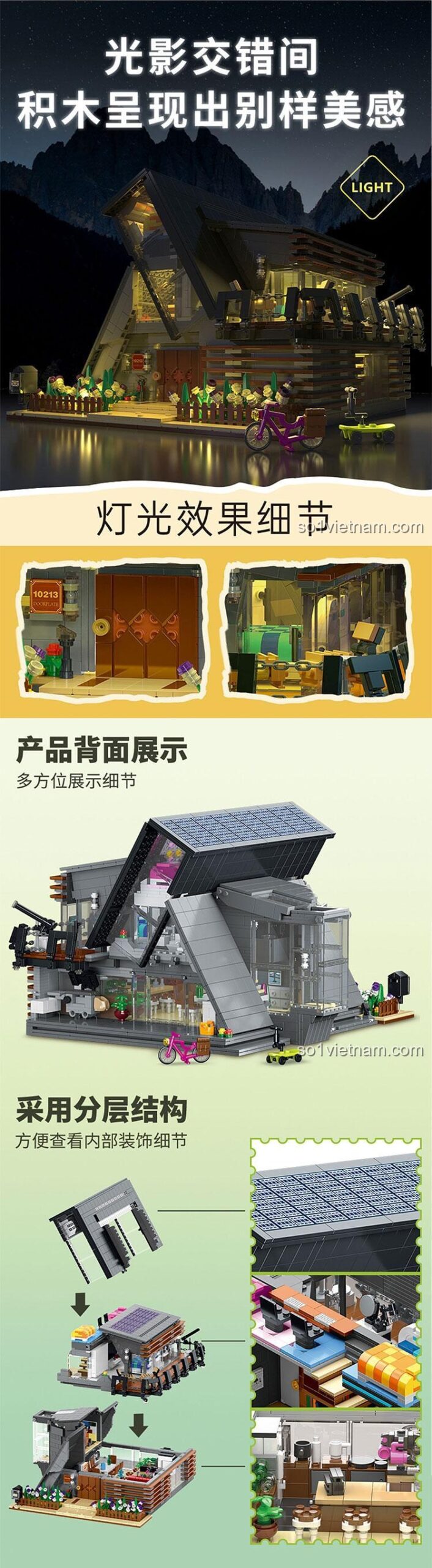 Khu vườn nhỏ trước Ngôi nhà Lambda XMORK 10213, với hàng rào và hoa, tạo điểm nhấn cho bộ đồ chơi kiến trúc.