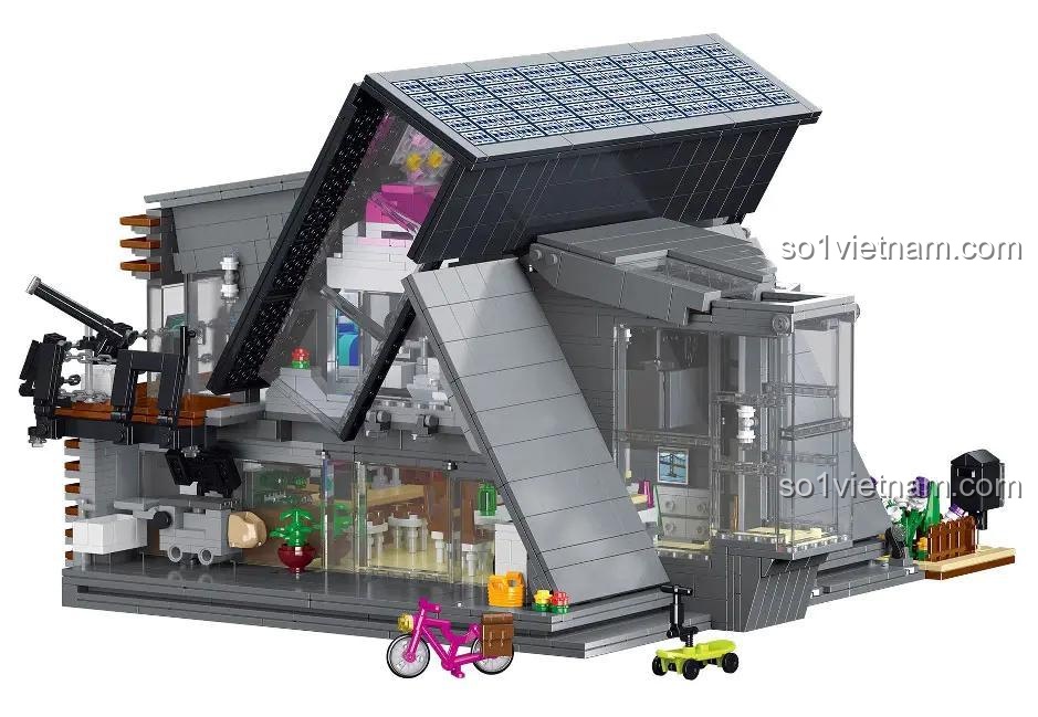 Chi tiết nội thất Ngôi nhà Lambda XMORK 10213, bao gồm phòng khách, phòng ngủ, nhà bếp, cho thấy sự tỉ mỉ của bộ lắp ghép.