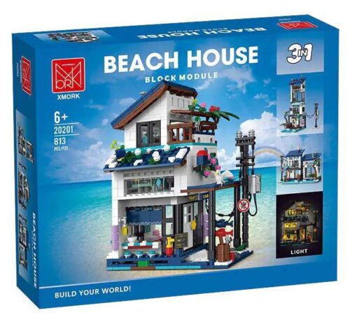 Bộ lắp ghép Biệt Thự Bãi Biển XMORK 20201 giá tốt, hộp sản phẩm có đèn LED, lắp được 3 kiểu, cho bé gái 6 tuổi