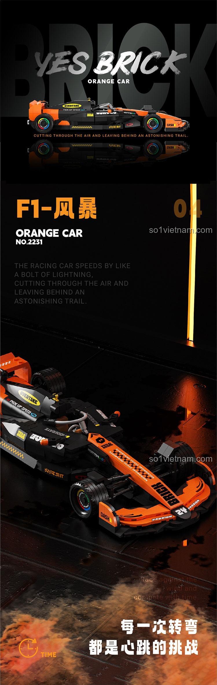 Mô hình xe F1 "F1 - Phong Bạo" YES BRICK 2231, bộ lắp ghép 956 mảnh, màu cam đen, đồ chơi mô hình cho bé trai 6 tuổi