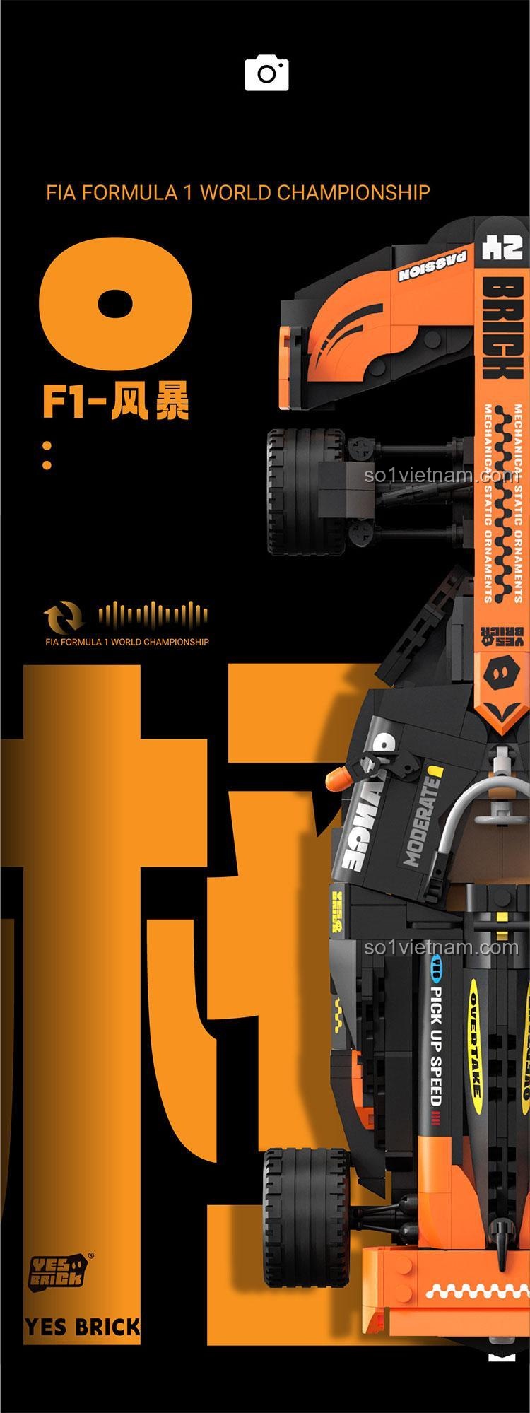 Mô hình xe F1 "F1 - Phong Bạo" YES BRICK 2231, bộ lắp ghép 956 mảnh, màu cam đen, đồ chơi mô hình cho bé trai 6 tuổi