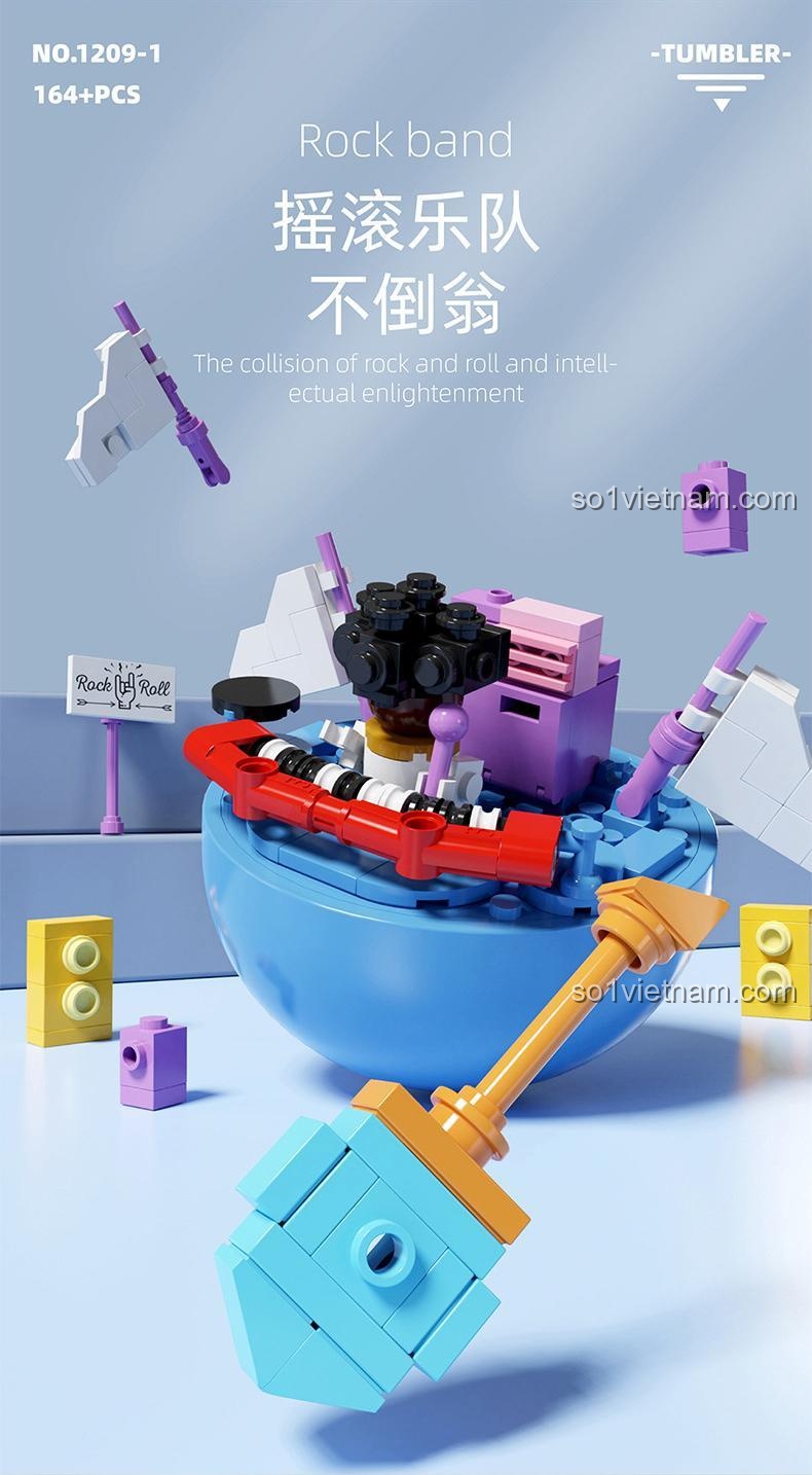 Các chi tiết của bộ xếp hình YICHAO 1209-1, mô hình ban nhạc lật đật gồm 164 mảnh ghép.