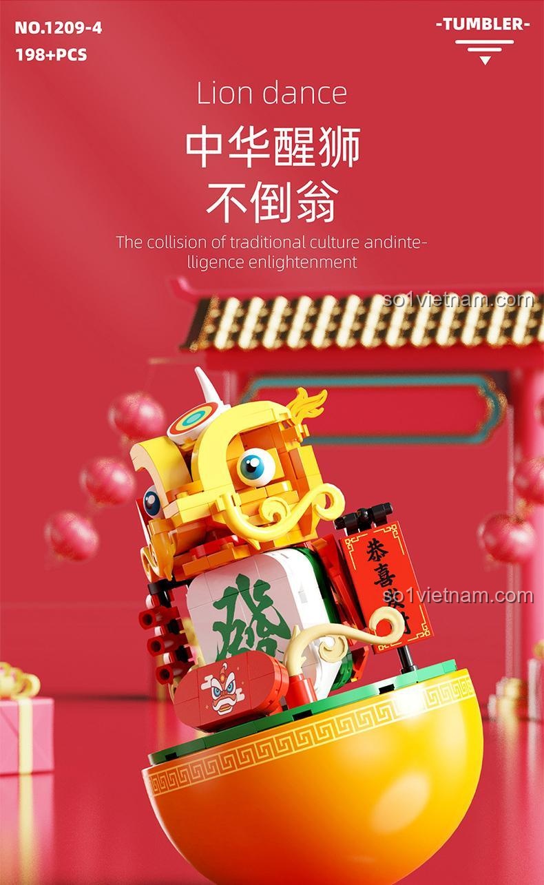 Poster quảng cáo bộ xếp hình YICHAO 1209-4 Lân Sư Trung Hoa Lật Đật với 198 chi tiết, món đồ chơi sáng tạo cho trẻ.