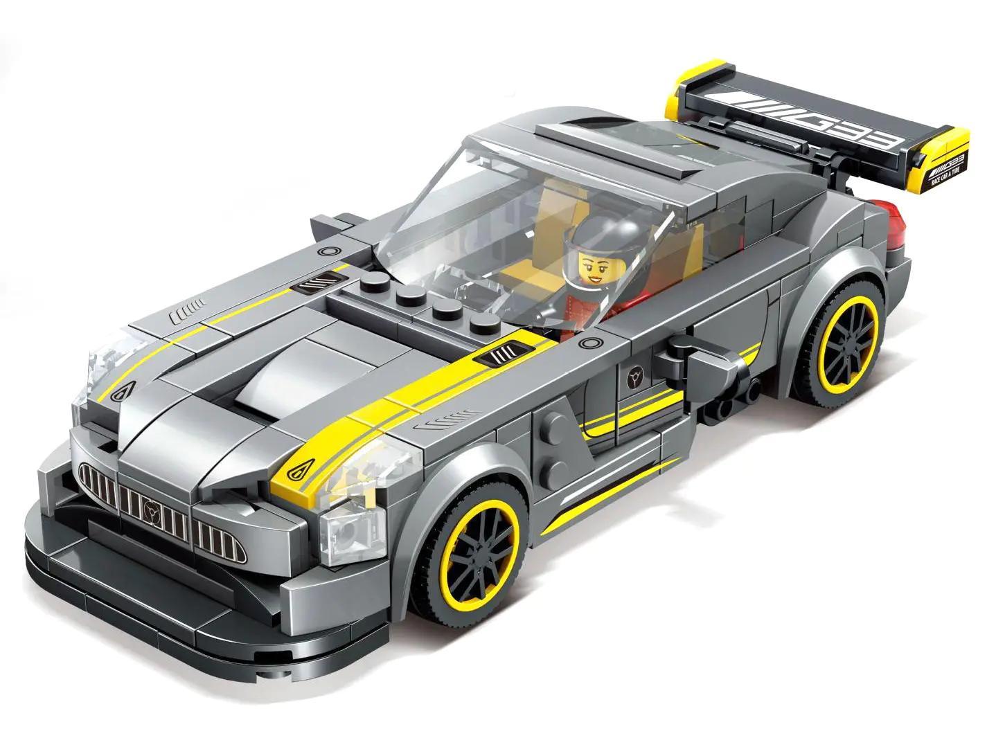 Siêu xe Mercedes-AMG GT3 YIMU 77008 bộ đồ chơi lắp ráp màu xám vàng có minifigure cho bé trai 6 tuổi