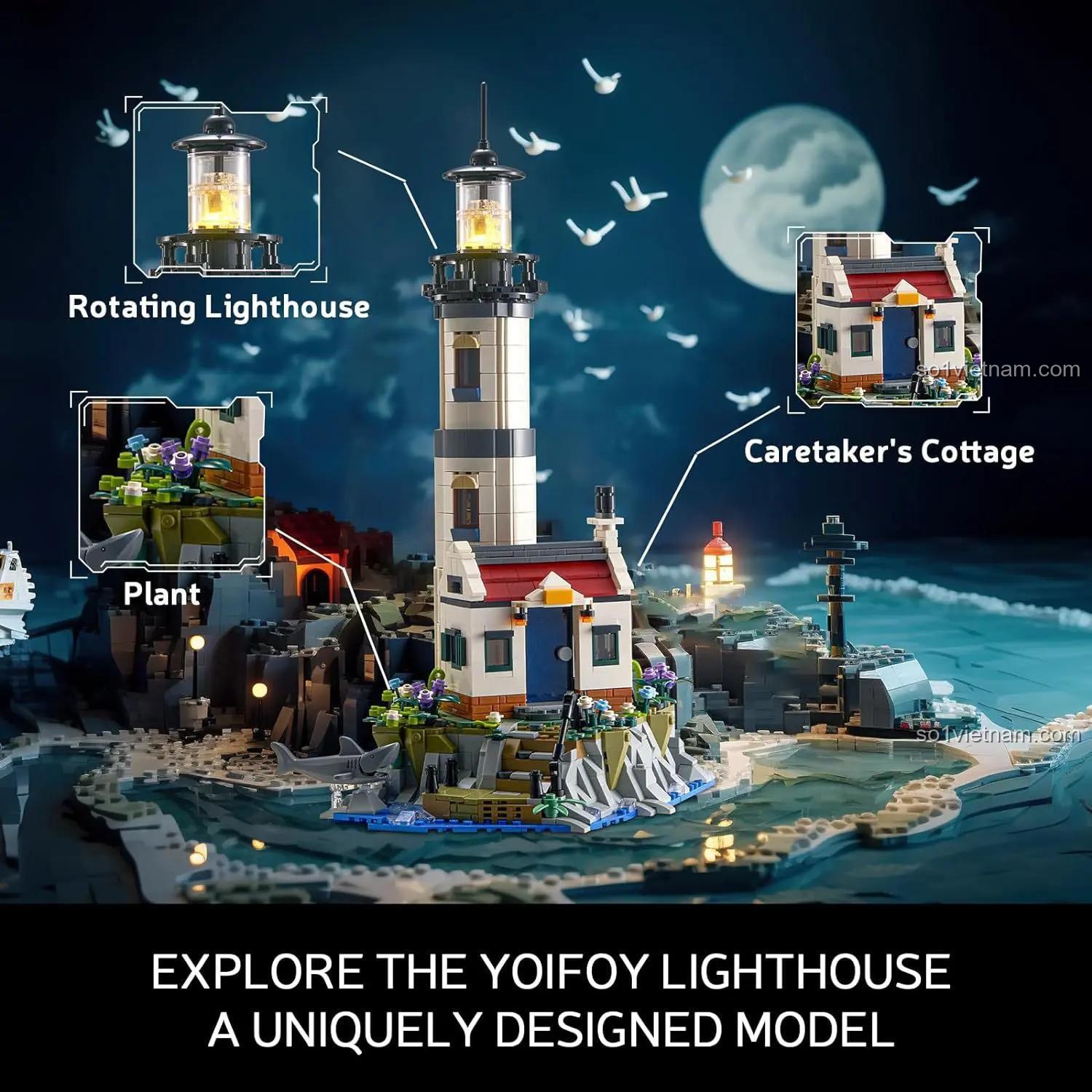 Ngọn hải đăng YOIFOY 92207 có đèn LED xoay, bộ lắp ghép cảnh biển, đồ chơi giáo dục cho bé 8 tuổi