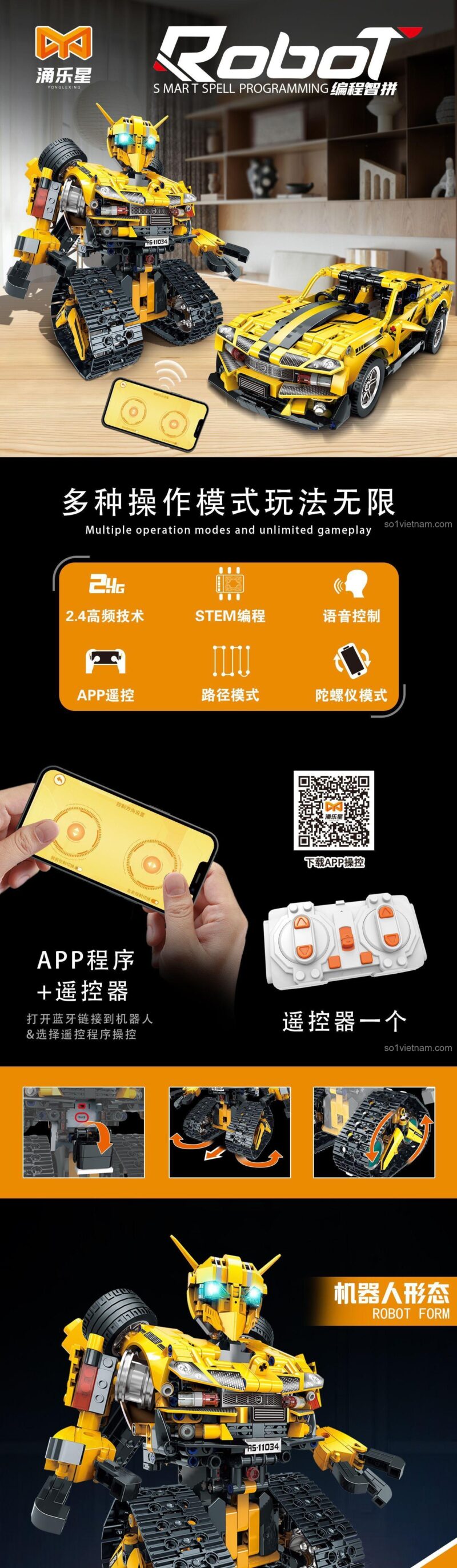 Đồ chơi mô hình Yong Le Xing 11034 Robot Lập Trình STEM, tính năng điều khiển từ xa, lập trình và giọng nói, phù hợp bé trai 12 tuổi.