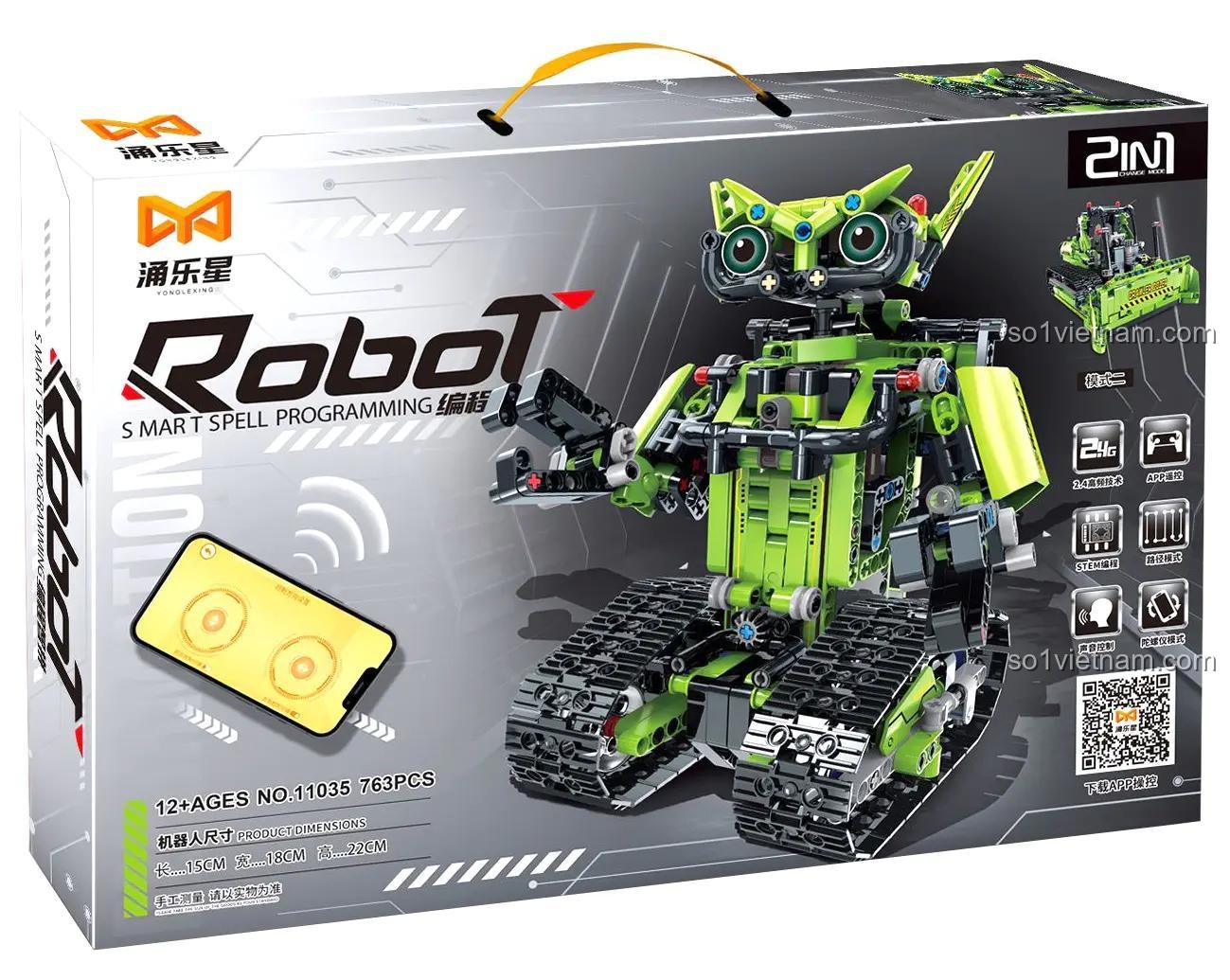 Kích thước chi tiết của hai mô hình Robot và Xe ủi từ bộ lắp ghép Yonglexing 11035.