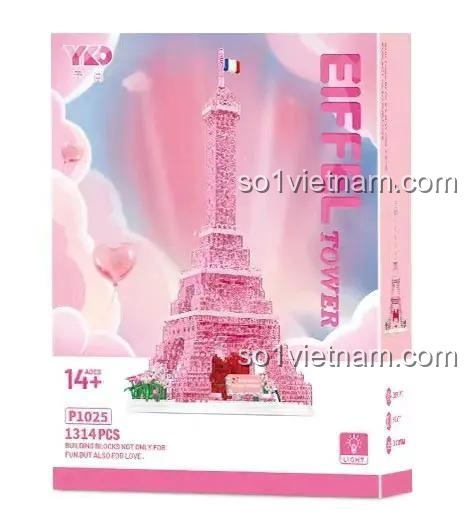 Hộp sản phẩm Tháp Eiffel Hồng Trong Suốt YueGao P1025 - Bộ lắp ghép 1314 mảnh, đồ chơi xếp hình cho bé gái 14 tuổi, quà tặng lãng mạn