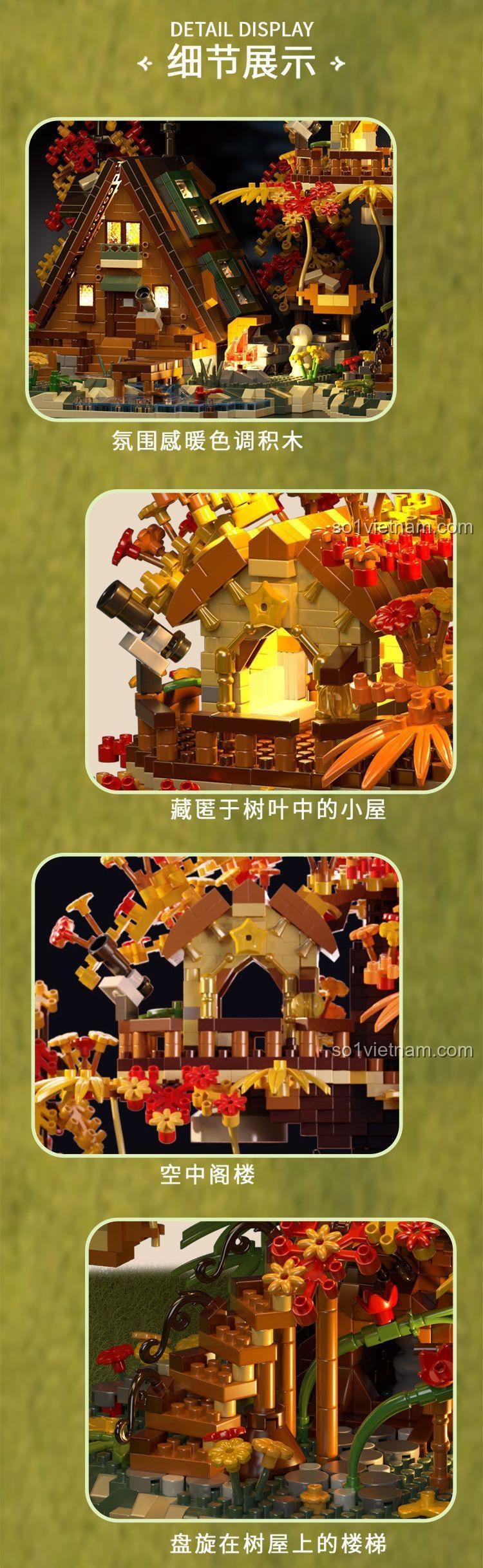 Các chi tiết kết cấu tinh xảo của đồ chơi xây dựng Ngôi nhà trên cây trong rừng thu, từ gác xép đến cầu thang uốn lượn.