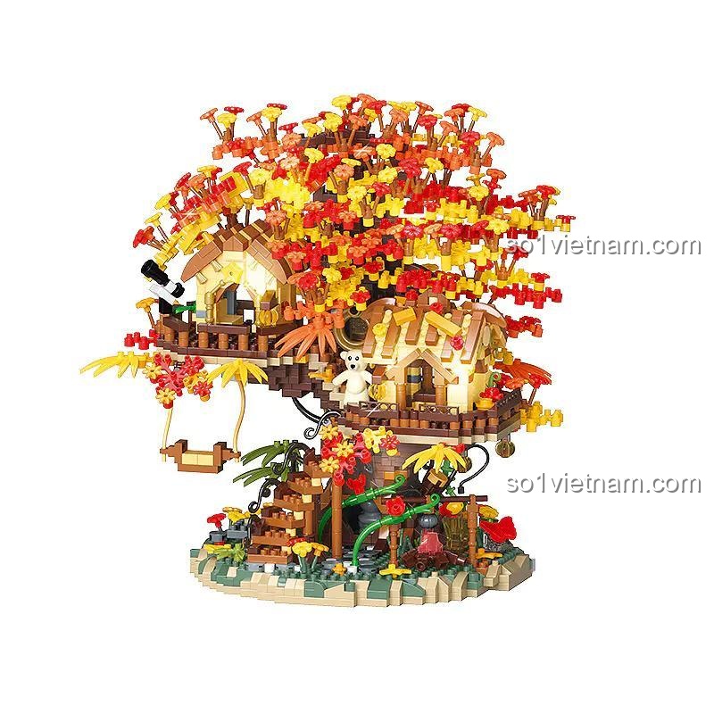 Cận cảnh phần nhà trên cây của đồ chơi mô hình Yugao P3111, thể hiện chi tiết tán lá mùa thu và kiến trúc độc đáo, giá tốt.