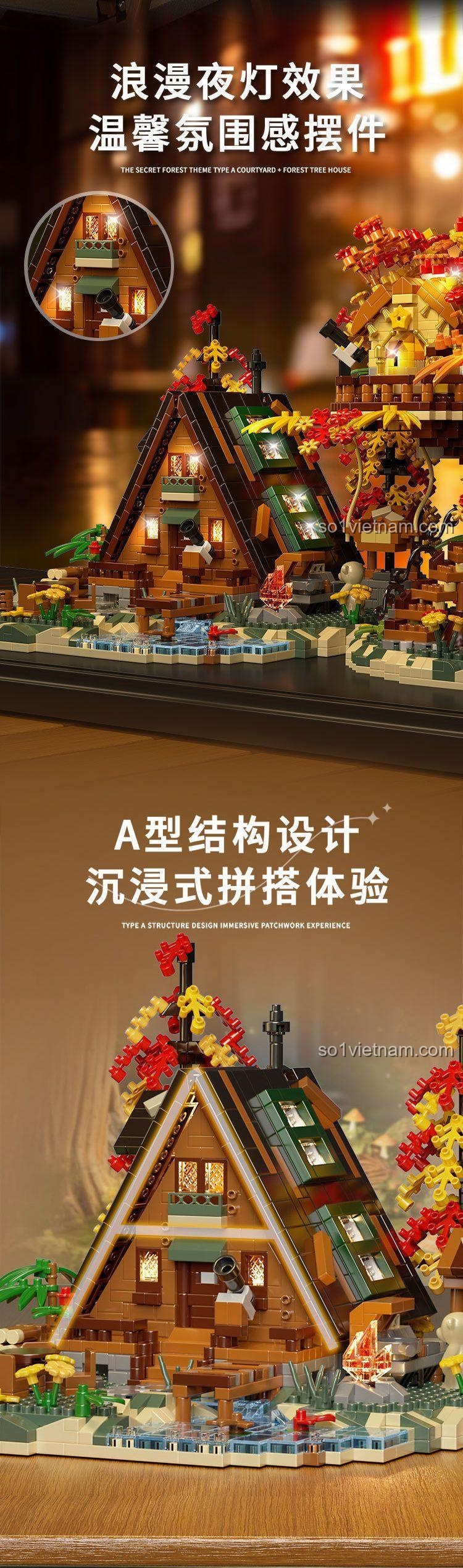 Hiệu ứng đèn LED ban đêm của Mô hình Nhà Trên Cây P3111, tạo không gian ấm cúng và lãng mạn, một món đồ chơi sáng tạo.