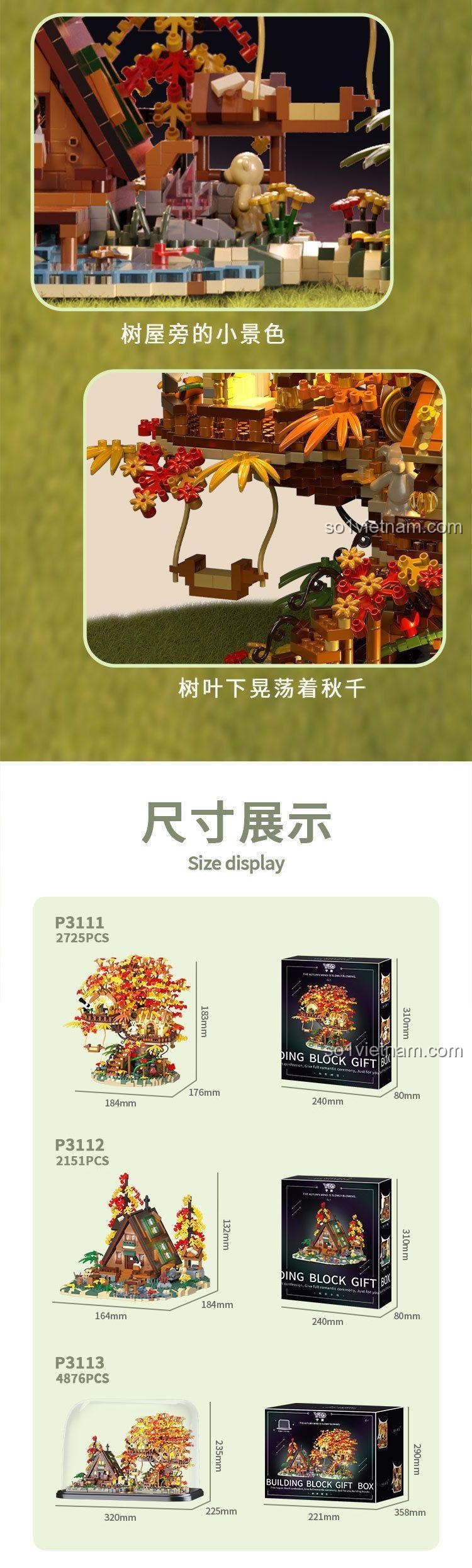 Hình ảnh hiển thị kích thước chi tiết của mô hình và hộp sản phẩm bộ khối lắp ghép Yugao P3111 Nhà Cây Mùa Thu.