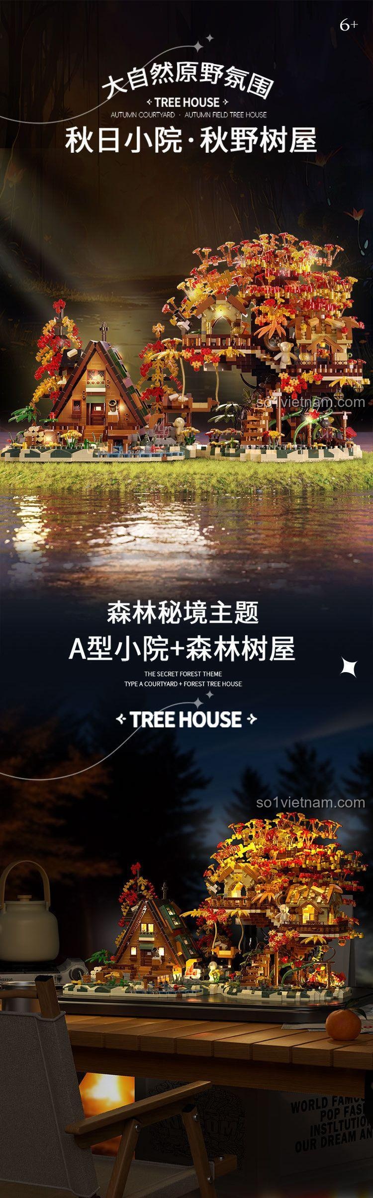 Poster quảng cáo bộ xếp hình P3111 Nhà Cây Mùa Thu, mô tả khung cảnh rừng thu lãng mạn bên bờ suối, phù hợp làm quà tặng.