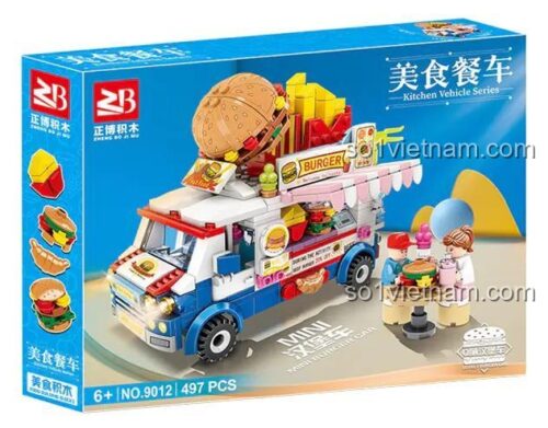 Hộp sản phẩm đồ chơi xếp hình Xe Bán Đồ Ăn Nhanh 9012, món quà tuyệt vời cho bé gái thích nấu ăn và kinh doanh.