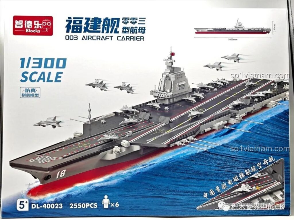 Hộp sản phẩm bộ lắp ghép ZDEL DL-40023 Tàu Sân Bay Phúc Kiến 003, hiển thị mô hình tàu dài 1m06 và thông số chi tiết.