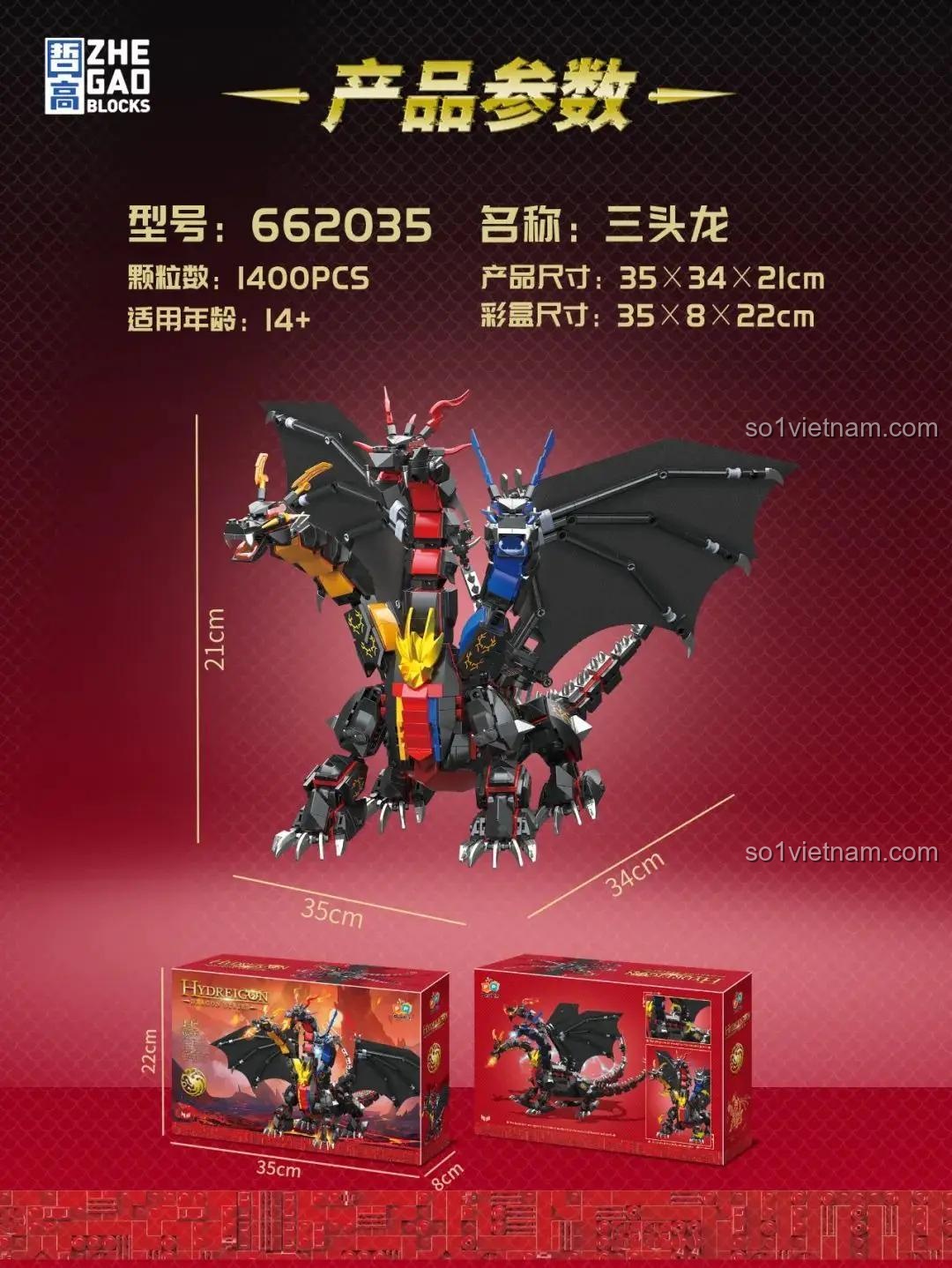 Kích thước mô hình Rồng Ba Đầu Hydreigon Zhe Gao 662035, bộ lắp ghép 1400 chi tiết cho con trai 14 tuổi.