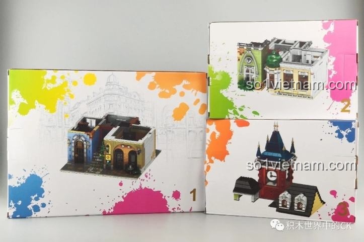 Hộp sản phẩm Mô hình kiến trúc phố cổ QL0935, hiển thị kích thước mô hình 30.5x19.3cm và chi tiết nội thất, đồ chơi lắp ghép cho bé 6 tuổi.