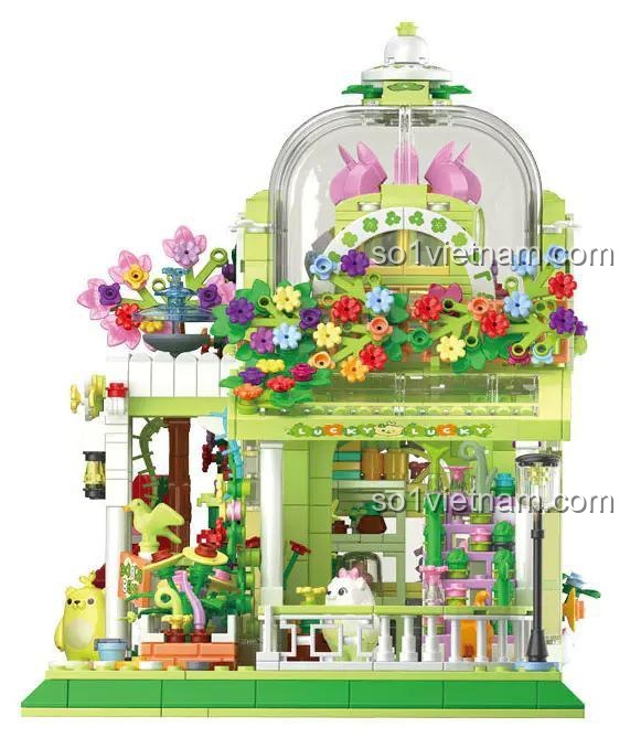 Mô hình Vườn Thực Vật Nắng Mai ZHEGAO 612002 với nhiều hoa lá rực rỡ, màu xanh lá chủ đạo, phù hợp cho bé gái 14 tuổi, đồ chơi sáng tạo, quà tặng ý nghĩa.