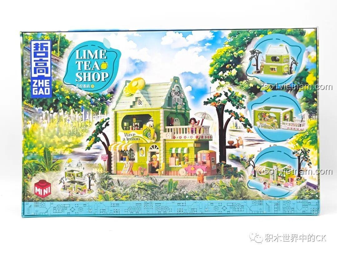 Mặt sau hộp bộ lắp ghép ZHEGAO 612003 Cửa hàng trà chanh hiển thị các góc nhìn khác của mô hình và chi tiết nội thất.