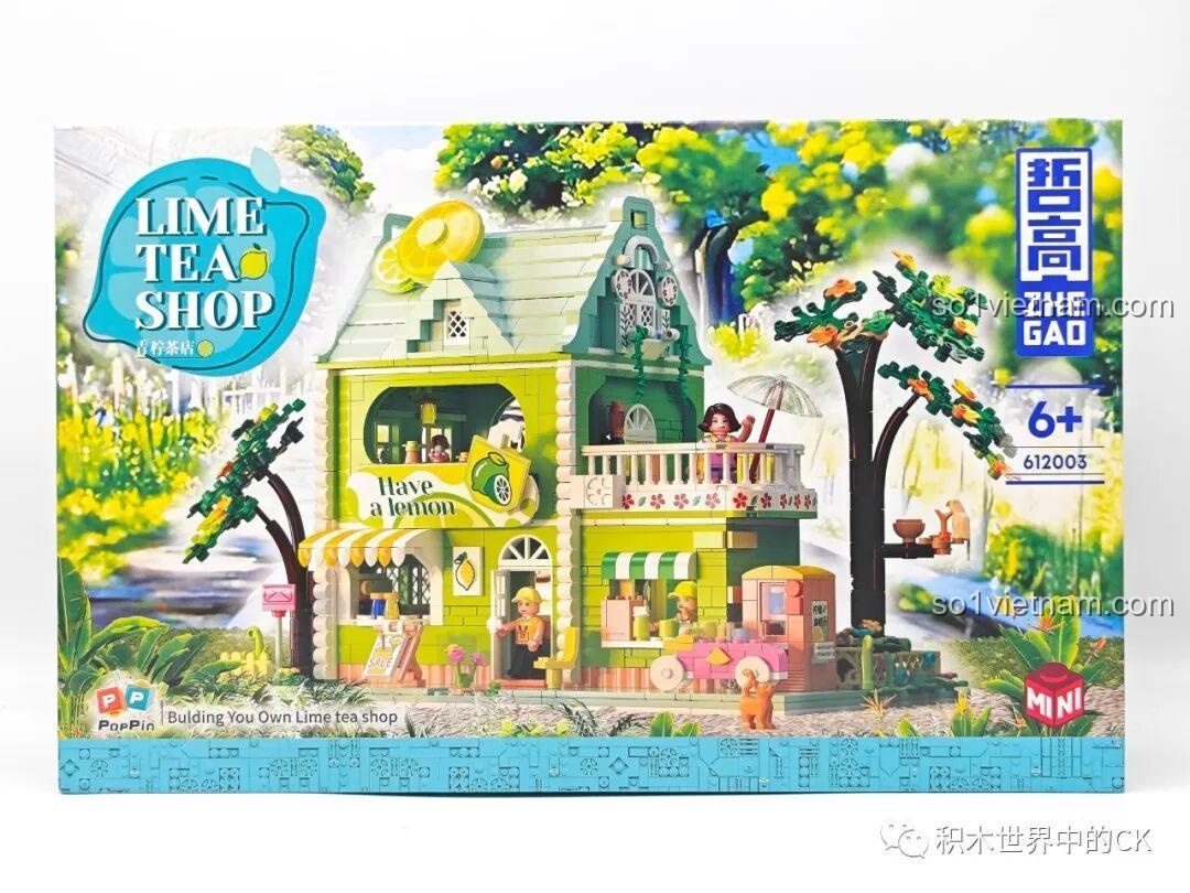 Hộp bộ xếp hình ZHEGAO 612003 Cửa hàng trà chanh với hình ảnh mô hình hoàn chỉnh, màu xanh lá tươi mát và logo ZHEGAO.