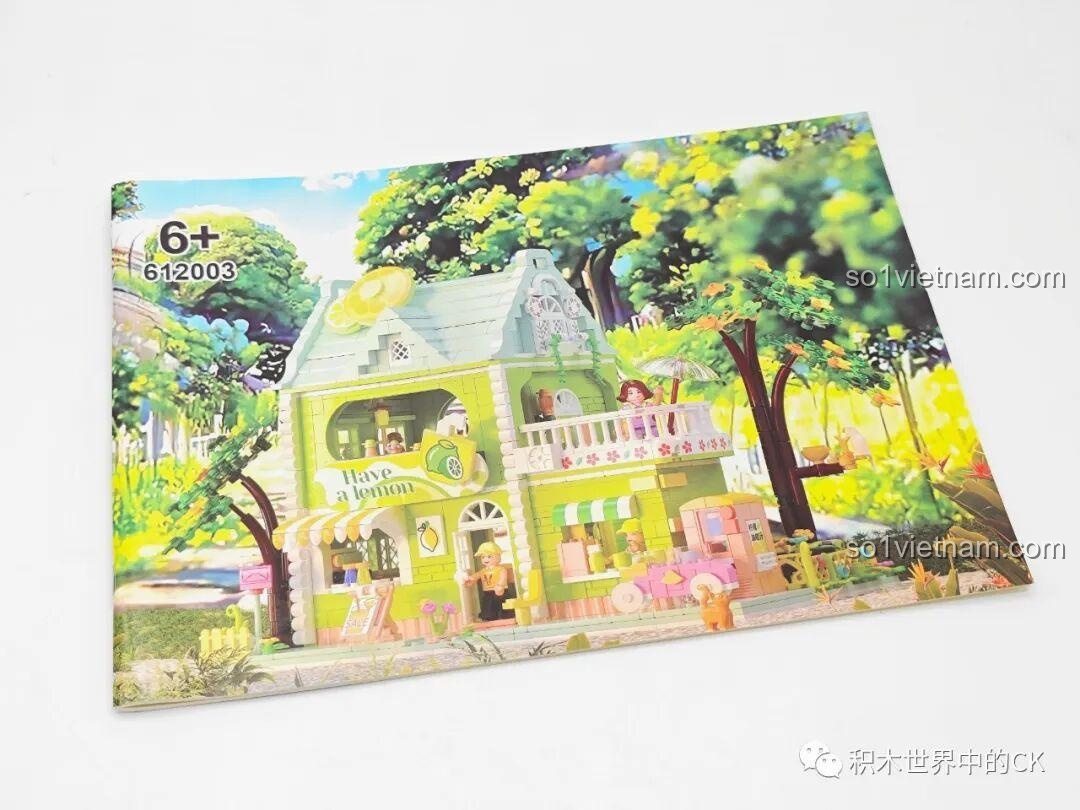 Sách hướng dẫn lắp ráp của bộ xếp hình ZHEGAO 612003 Cửa hàng trà chanh, in màu sắc nét và dễ hiểu.