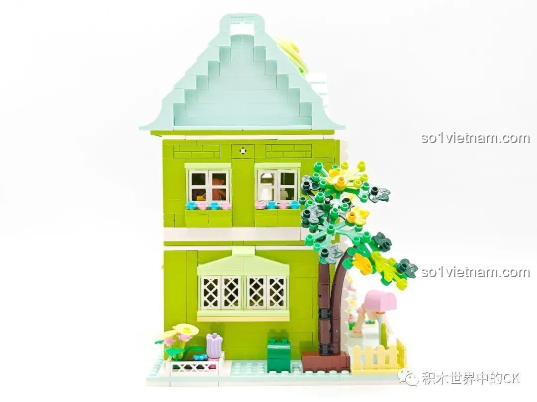 Mô hình hoàn chỉnh của bộ xếp hình ZHEGAO 612003 Cửa hàng trà chanh nhìn từ phía bên trái.