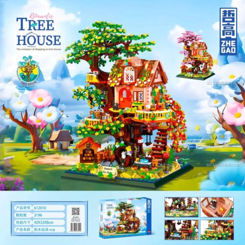 Poster giới thiệu đồ chơi mô hình Tổ Ấm Trên Cây 612010 của ZHEGAO, gồm 3196 chi tiết mini block chất lượng cao.