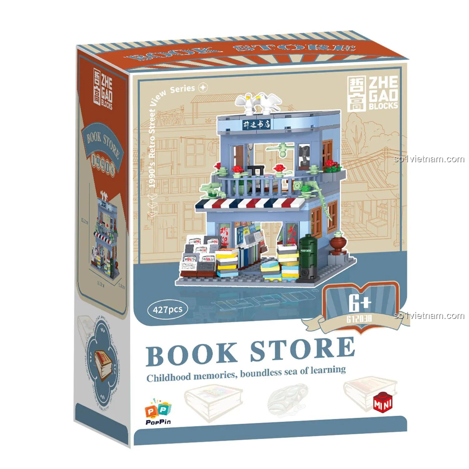 Hộp sản phẩm bộ lắp ghép ZHEGAO 612038 Nhà Sách Tuổi Thơ, 427 chi tiết, độ tuổi 6+, phong cách retro