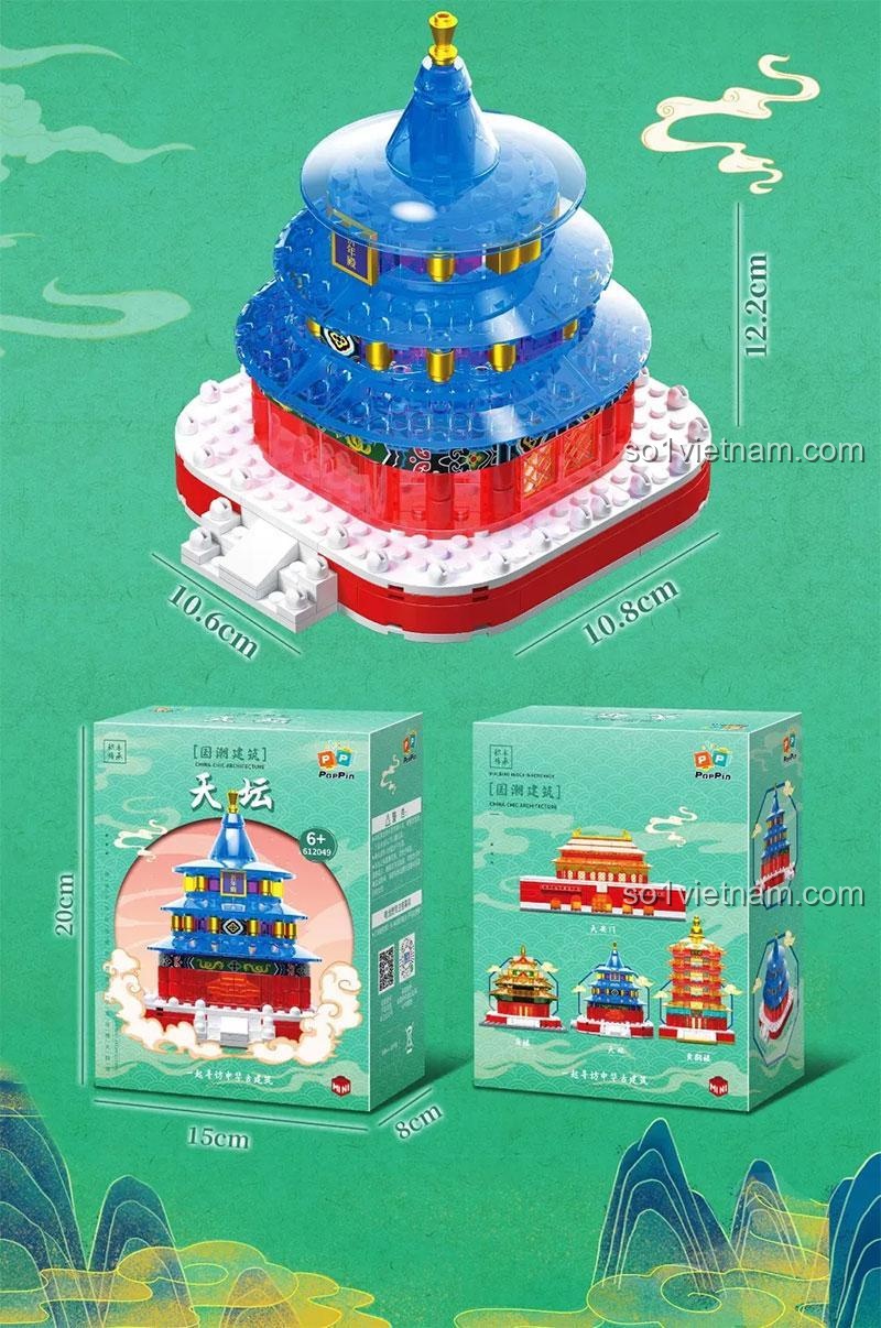 Thông số kích thước chi tiết của mô hình và vỏ hộp bộ đồ chơi xây dựng 612049, giúp khách hàng dễ dàng hình dung sản phẩm.