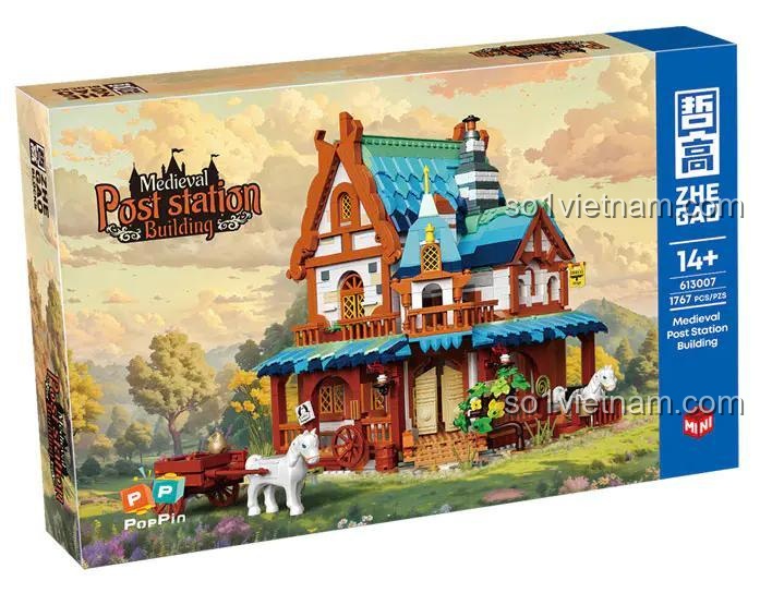Chi tiết lắp ráp mô hình Trạm Bưu Chính Trung Cổ ZHEGAO 613007, bộ lắp ghép kiến trúc trung cổ 1767 mảnh, đồ chơi xây dựng cho bé 14 tuổi