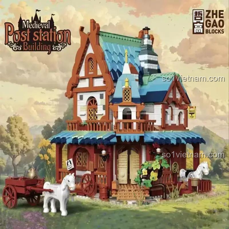 Hộp sản phẩm Trạm Bưu Chính Trung Cổ ZHEGAO 613007, bộ lắp ghép kiến trúc trung cổ 1767 mảnh, đồ chơi xây dựng cho bé 14 tuổi