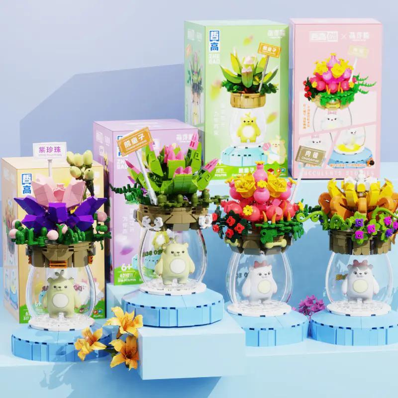 Bộ lắp ghép Chậu Cây Mọng Nước Gấu Mầm ZHEGAO 621011, đồ chơi trang trí bàn học cho bé gái 6 tuổi giá rẻ.