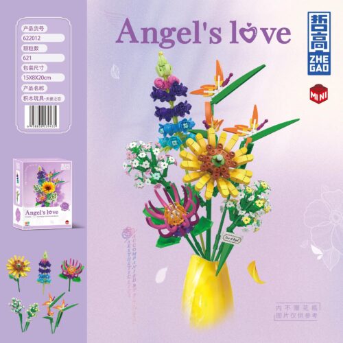 ZHEGAO 622012 Bó hoa thiên thần tình yêu, bộ lắp ghép hoa giả trang trí, 621 mảnh, phù hợp bé gái 6 tuổi, màu vàng, hồng, tím, xanh lá, cam, món quà ý nghĩa