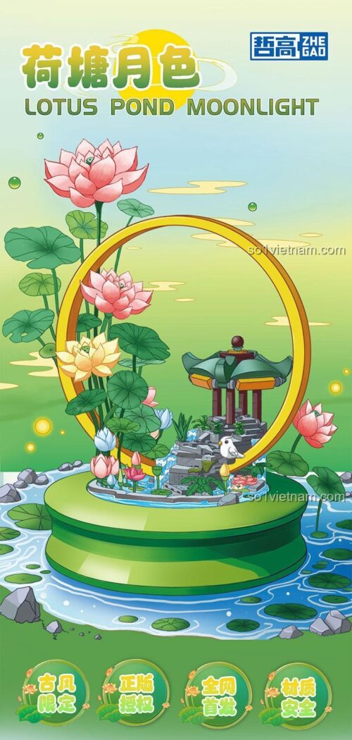 Bộ xếp hình ZHEGAO 623004 Ao Sen Trăng Thanh, đồ chơi sáng tạo 720 mảnh, cảnh đêm thanh bình, có đèn LED và hộp nhạc